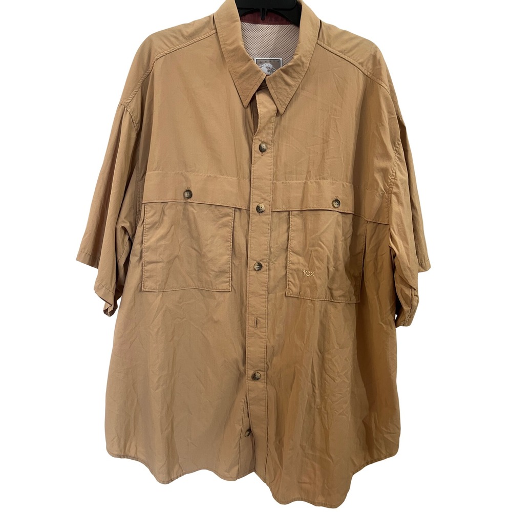 10X Mens 2XL Fishing Shirt Short Sleeve‎ Vented Back Khaki Tan Made in USA 2XL